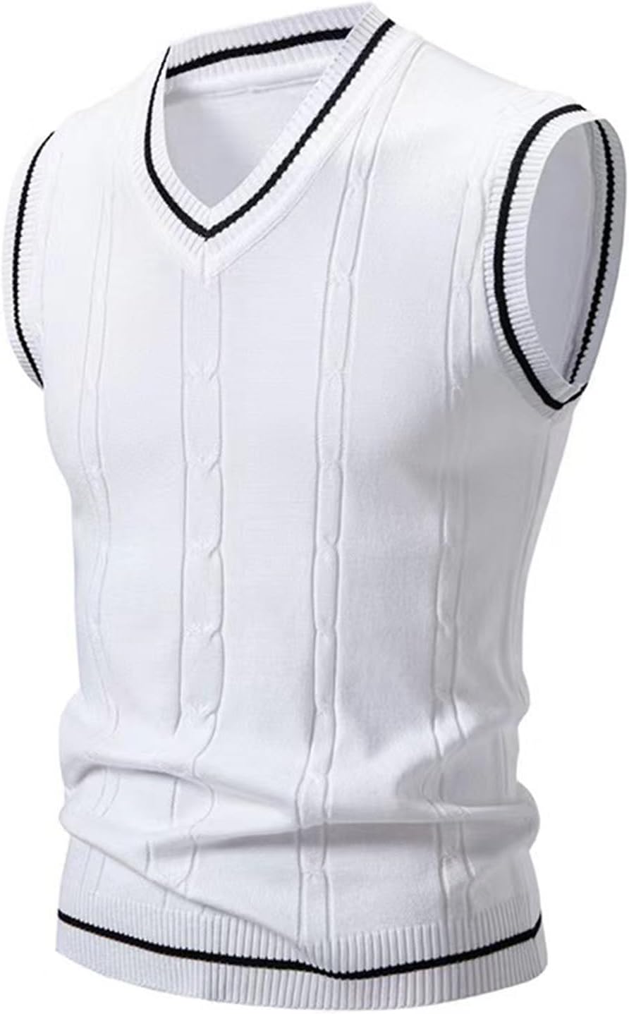Blck Striped Cable Knit Sweater Vest for Men Fashion Sleeveless V-Neck School Office Party Dressy Tops Fall Outfits