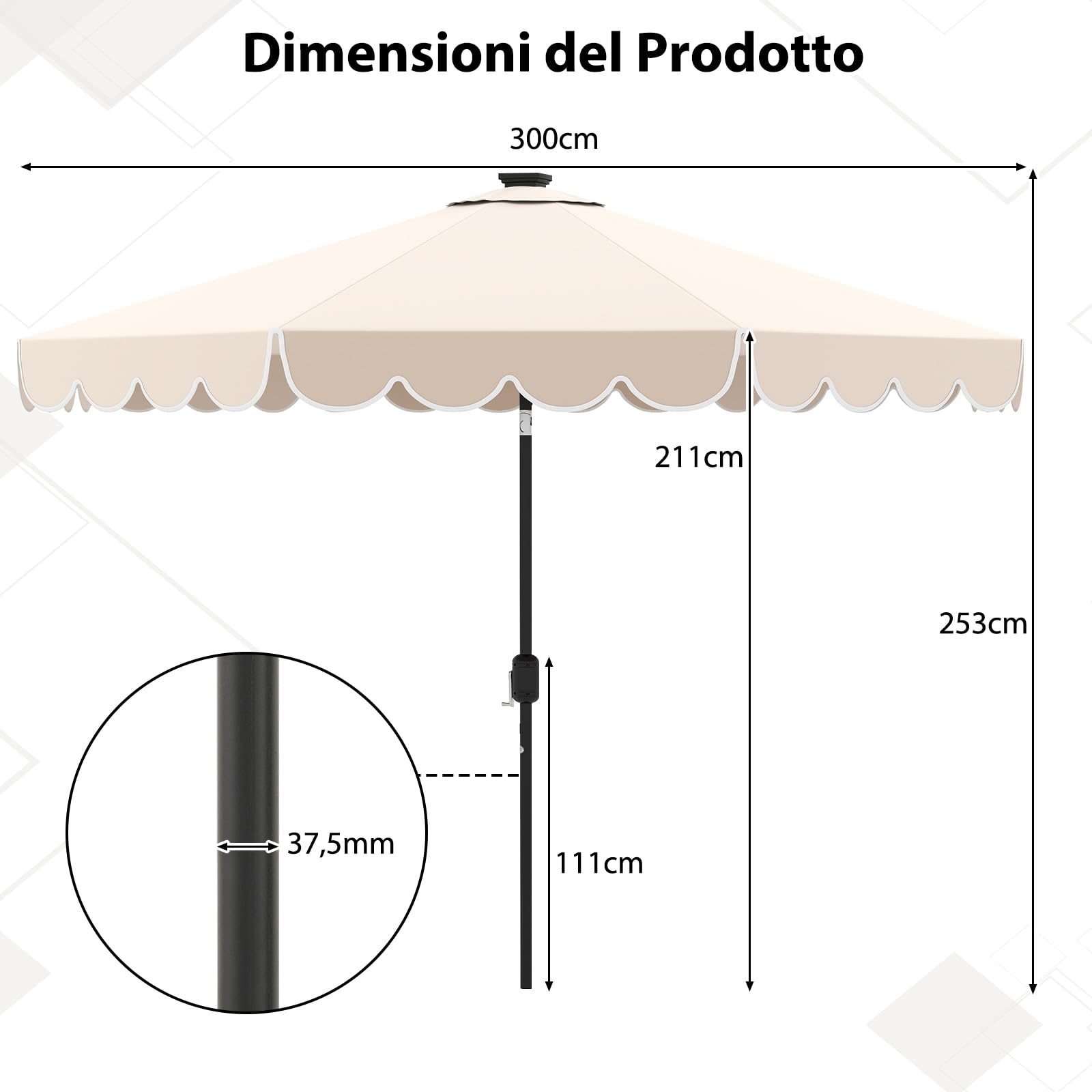 COSTWAY Ombrellone da Giardino 300 cm, con 24 Luci LED Solari, Inclinazione Regolabile, Manovella, 8 Stecche, Anti-UV, Top Ventilato, Idrorepellente, Giardino Piscina Patio (Beige)