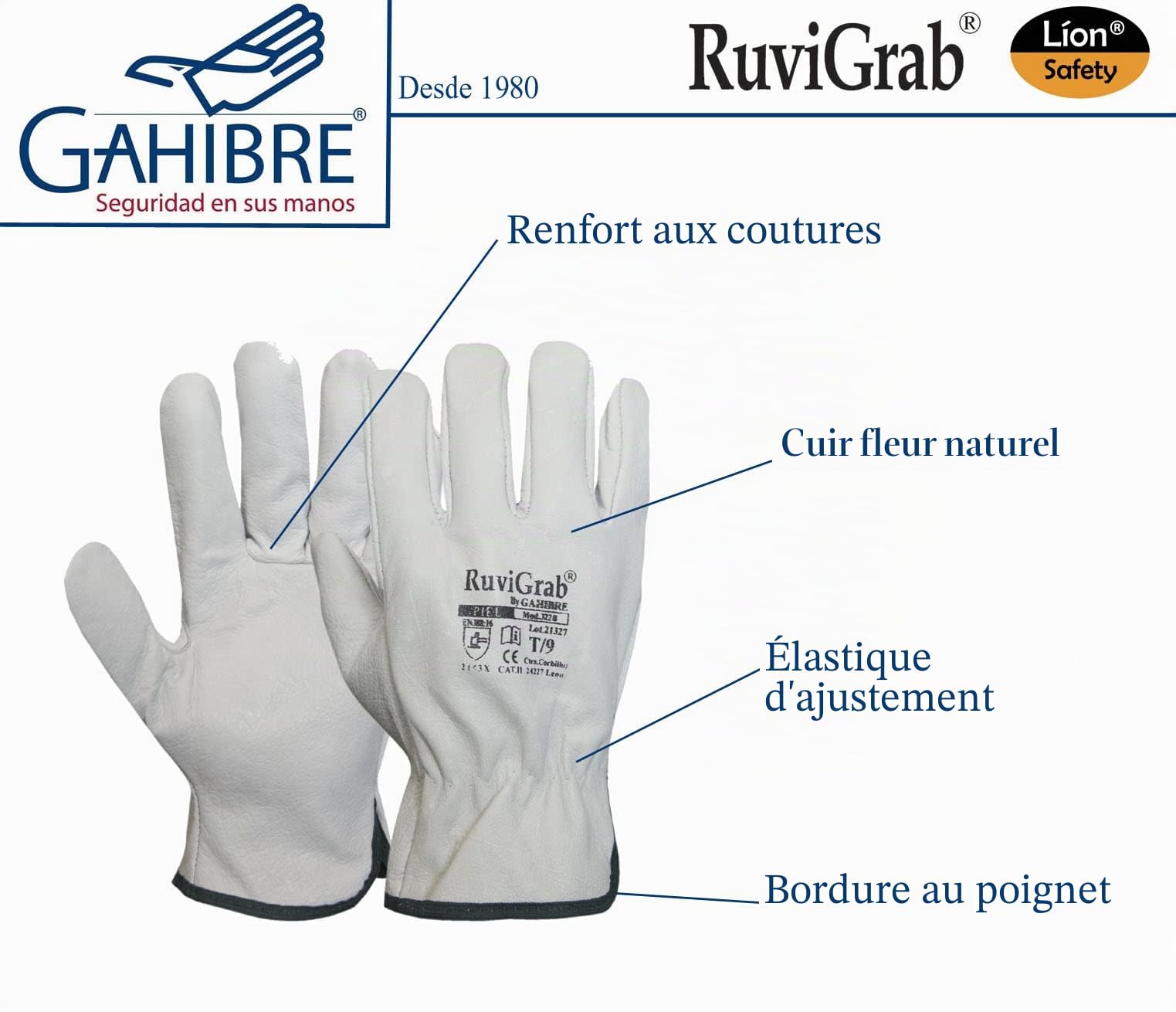 Ruvigrab - Pack de 12 gants de travail en cuir de fleur naturelle