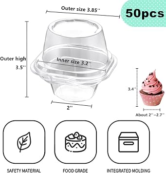 i-CHONY Individual Cupcake Holder - Clear Plastic Dome Single Cupcake Carrier Muffin Container Holders Cases Boxes Cups(50pcs)