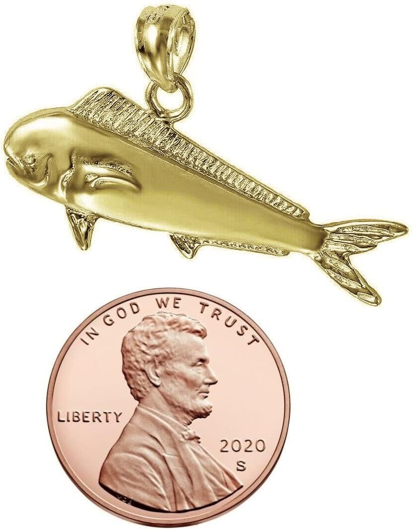 Sterling Silver Yellow Gold Plated 1mm Cable Chain Necklace w/Mahi Mahi Fish Pendant Charm