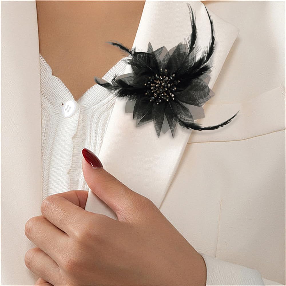 Elegant Crystal Feather Organza Flower Big Brooches Lapel Pins for Women Fashion Floral Fabric Brooch Pin for Dresses Suit Party Wedding Banquet Clothes Accessories Trendy Jewelry 120mm - Image 5