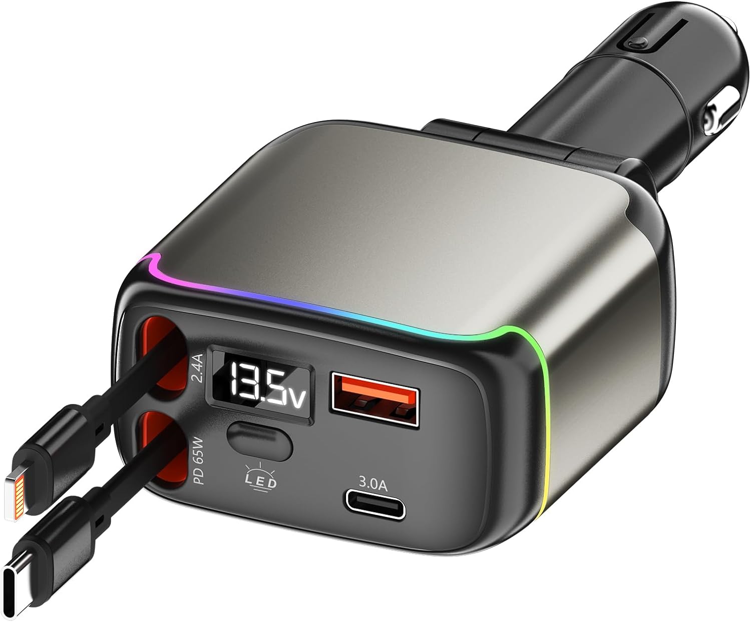 Retractable Car Charger – 65W USB-C fast charging with dual cables & voltage display at 11% OFF!