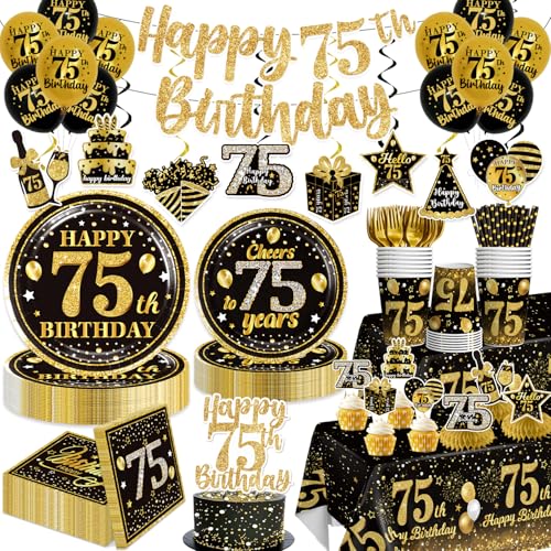 187pcs 75th Birthday Decorations for Men Disposable Dinnerware with Plates, Napkins, 2pcs Waterproof Tablecloth Banner Balloon Black and Gold 75th Bir