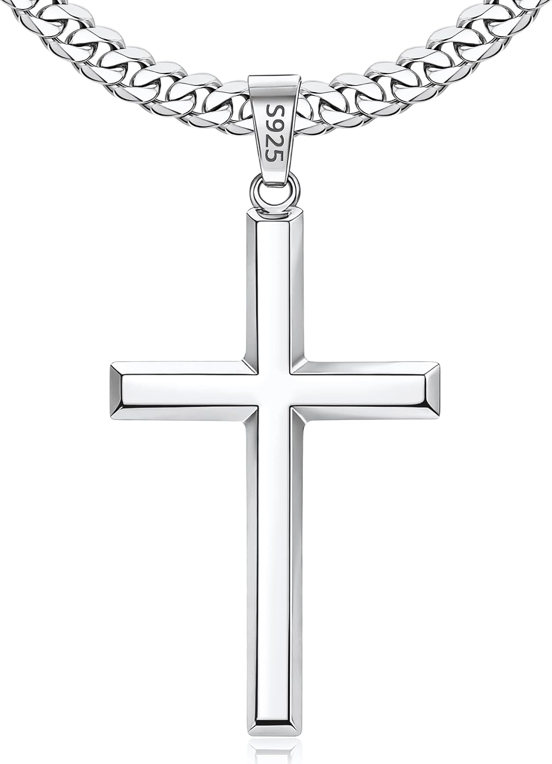 Jewlpire 925 Sterling Silver Cross Necklace for Men, 18k Gold Plated Sterling Silver Cross Necklace with 5mm Stainless Steel Cuban Link Chain for Men, 18 20 22 24 26 Inch
