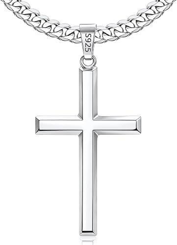 Jewlpire 925 Sterling Silver Cross Necklace for Men, 18k Gold Plated Sterling Silver Cross Necklace with 5mm Stainless Steel Cuban Link Chain for Men, 18 20 22 24 26 Inch