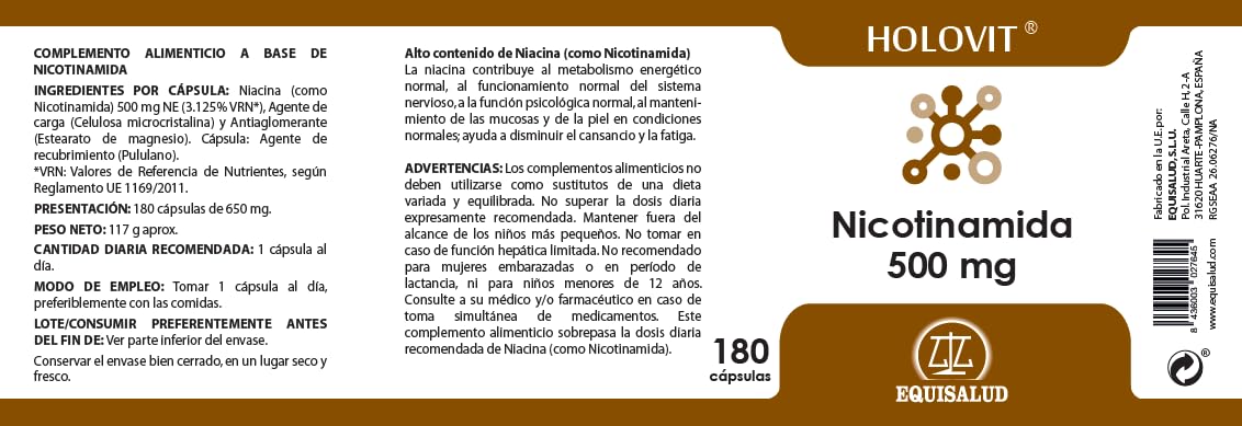 EQUISALUD Holovit Nicotinamida 500mg suplement diety w kapsułkach 180 szt.