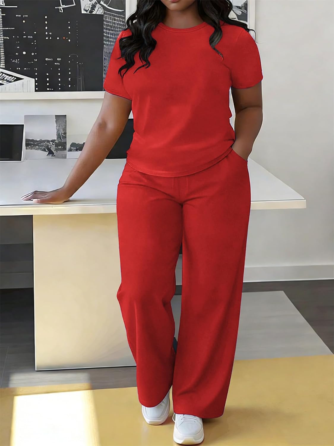 Mrskoala Women's Summer 2 Piece Outfits Short Sleeve Top & Straight Leg Pants Casual Workout Sets Vacation Wear With Pockets
