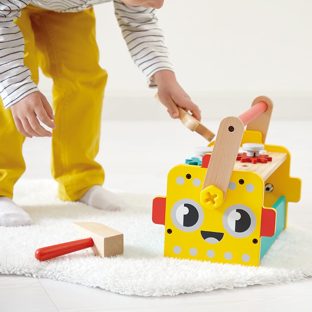 Janod - Mon Premier Jeu de Construction - Caisse à Outils Robot - 30 Accessoires - Imitation - Développe la Motricité Fine - 3 Ans + - J06455