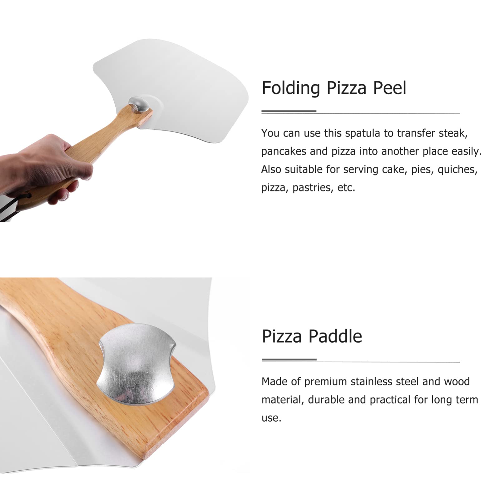 Espátula para Pizza de Acero Inoxidable Plegable con Mango de Madera | Blanco, Resistente Oxidación, Herramienta DIY para Cocina, Referencia de Palas para Pizza