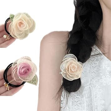 2 Pack Organza Rose Flower Hair Ties Stretchy Floral Peal Hair Tie Ponytail Elastic Hair Band Hair Accessories for Women Girls Wedding Bridal