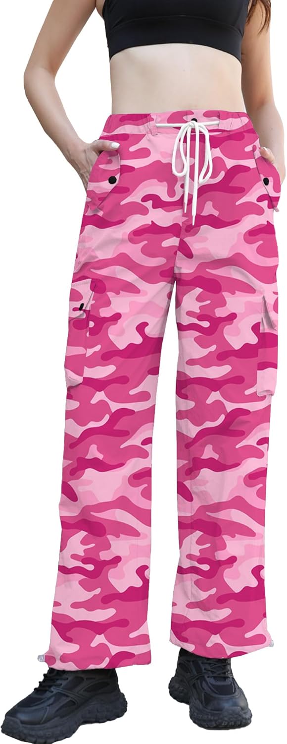 Betusline Girls & Women's High Waist Wide Leg Cargo Pants Y2K Parachute Pants with Pockets and Drawstring 6 Years-Women 2XL