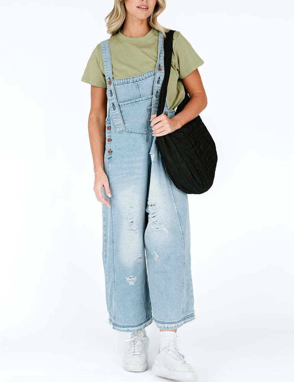 Gihuo Denim Overalls for Women Jean Bib Overalls Wide Leg Loose Fit Barrel Baggy Distressed Adjustable Straps - Image 4