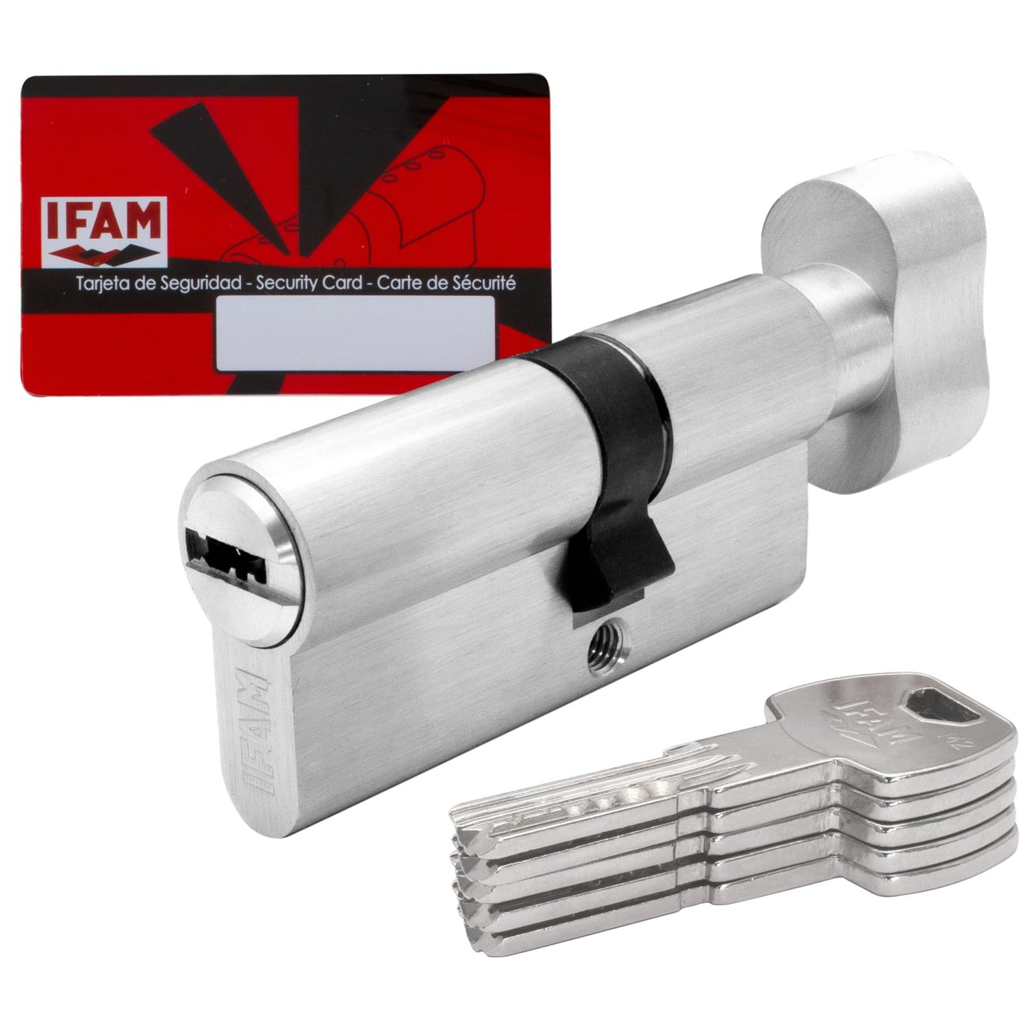 IFAM Cylinder for Doors F6S Series, 30x30 mm with Knob, Cylinder with 5 Keys, Anti-Drill and Anti-Pick Protection, European Profile Lock, Nickel Colour