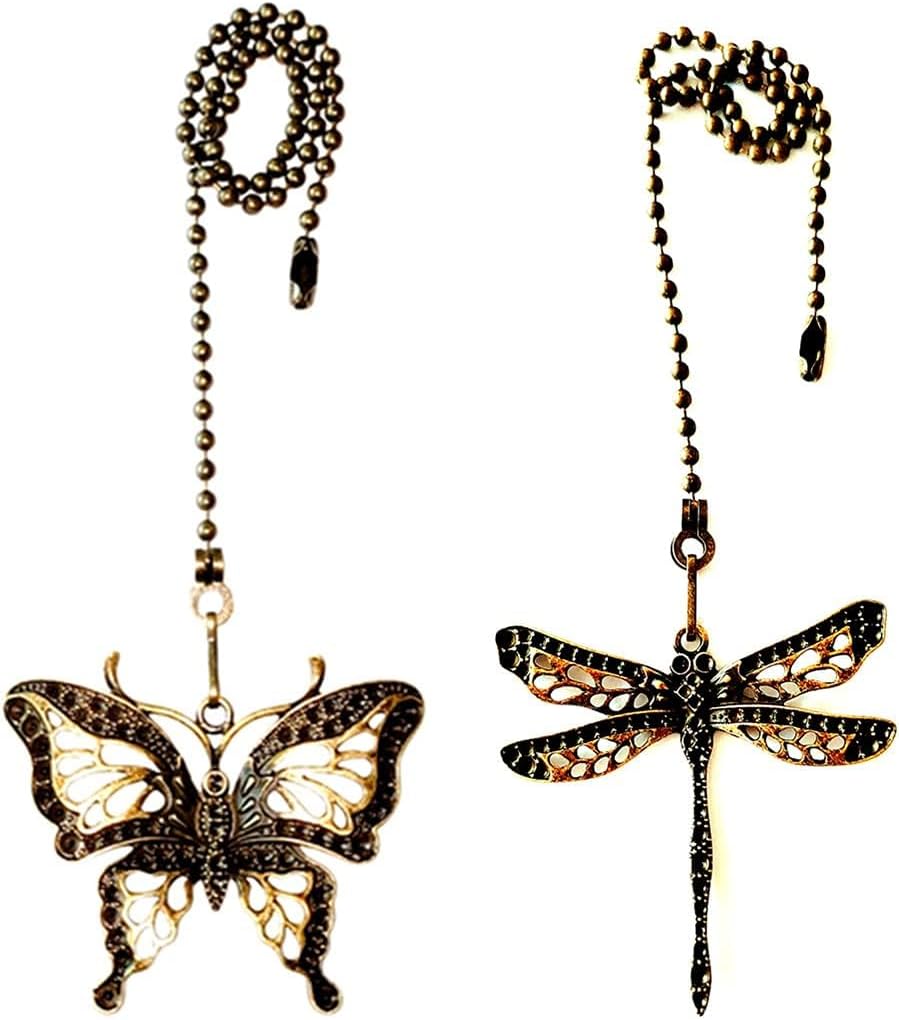 Ceiling Fan Pull Chain Ornaments Extension,12 Inches Lighting And Fan Beaded Ball Fan Pull Chain Extender with Connector, Dragonfly and Butterfly Ceiling Fan Pull Chain Set-2Pcs