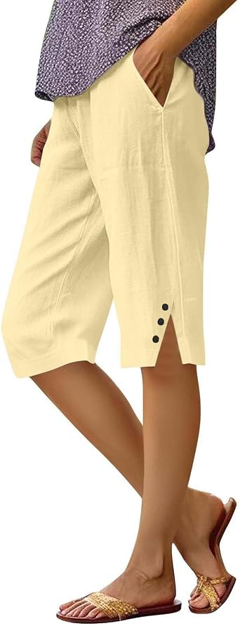 Linen Bermuda Shorts for Women Knee Length Casual Summer Capri Pants Lightweight Beach Capris with Pockets