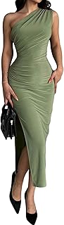 Womens' Sexy Summer One Shoulder Bodycon Long Stretchy Skin Tight Side Slit Date Night Dresses - Buy now