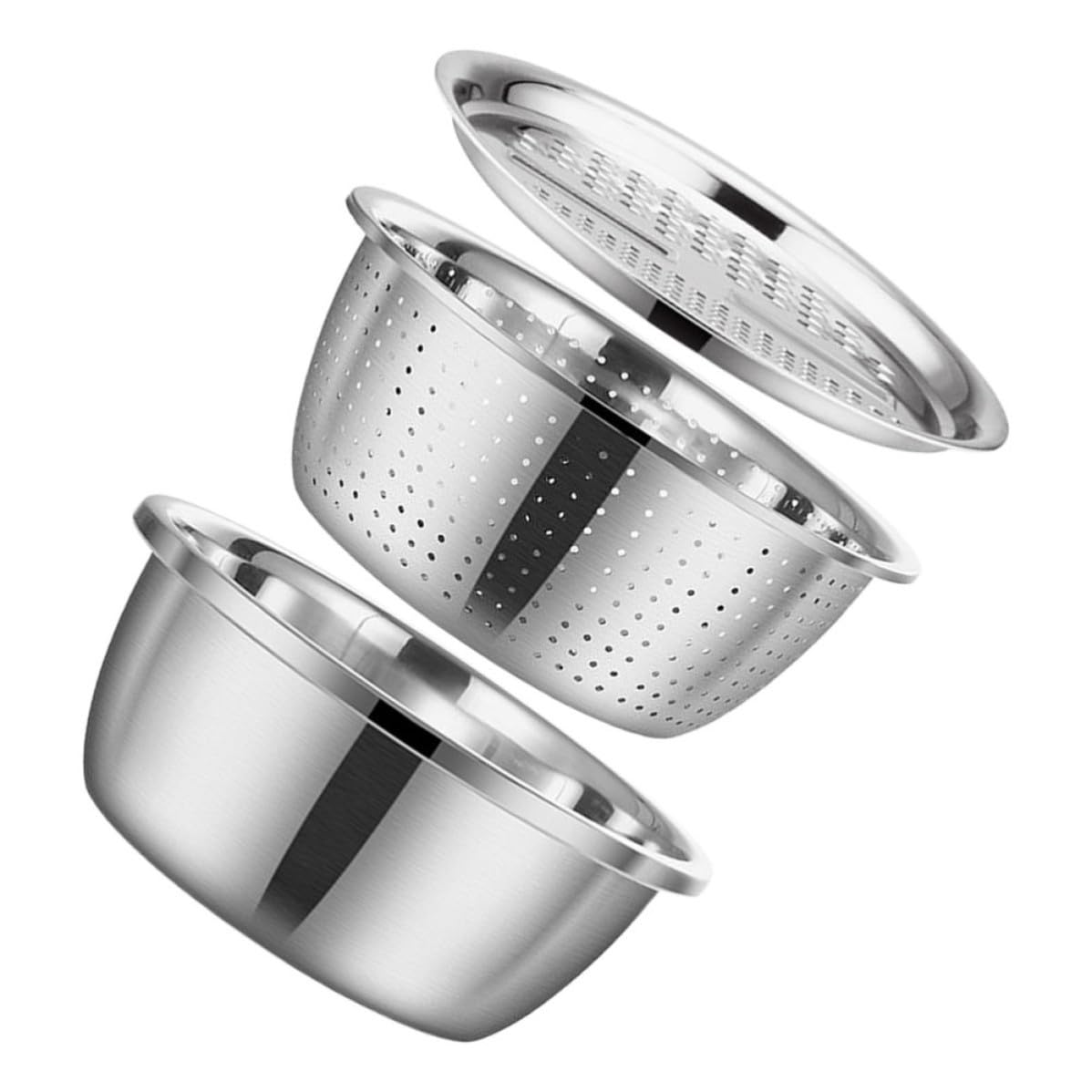 Juego de Coladores de Acero Inoxidable 3 Piezas con Borde Grueso | Plata, Lavado y Cocina Doméstica, Cuenco para Cortar Verduras con Gran Reborde