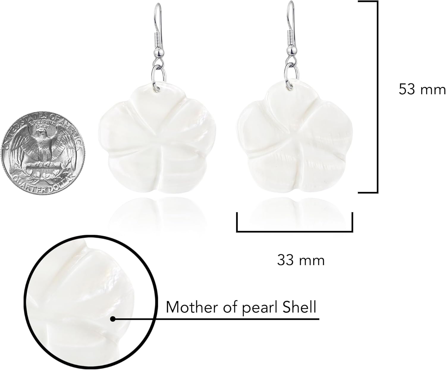AeraVida Hand-Carved Hibiscus Flower White Mother of Pearl Dangle Earrings | Handmade Floral Shell Jewelry for Women | Artisan-Inspired Natural Pearl Drop Accessory | Gift for Any Occasion - Image 4