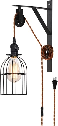 Miniatura 9 de SEEBLEN Juego de 2 lámparas colgantes enchufables, lámpara de pared con polea de granja con cable e interruptor de enchufe marrón de 7 pies,