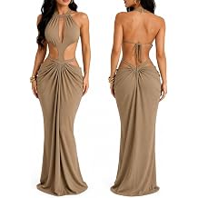 Fcteap Coquette Halter Cutout Maxi Dress Women Ruched Bodycon Backless Tie Soft Stretch Vacation Party Balletcore Dress Khaki