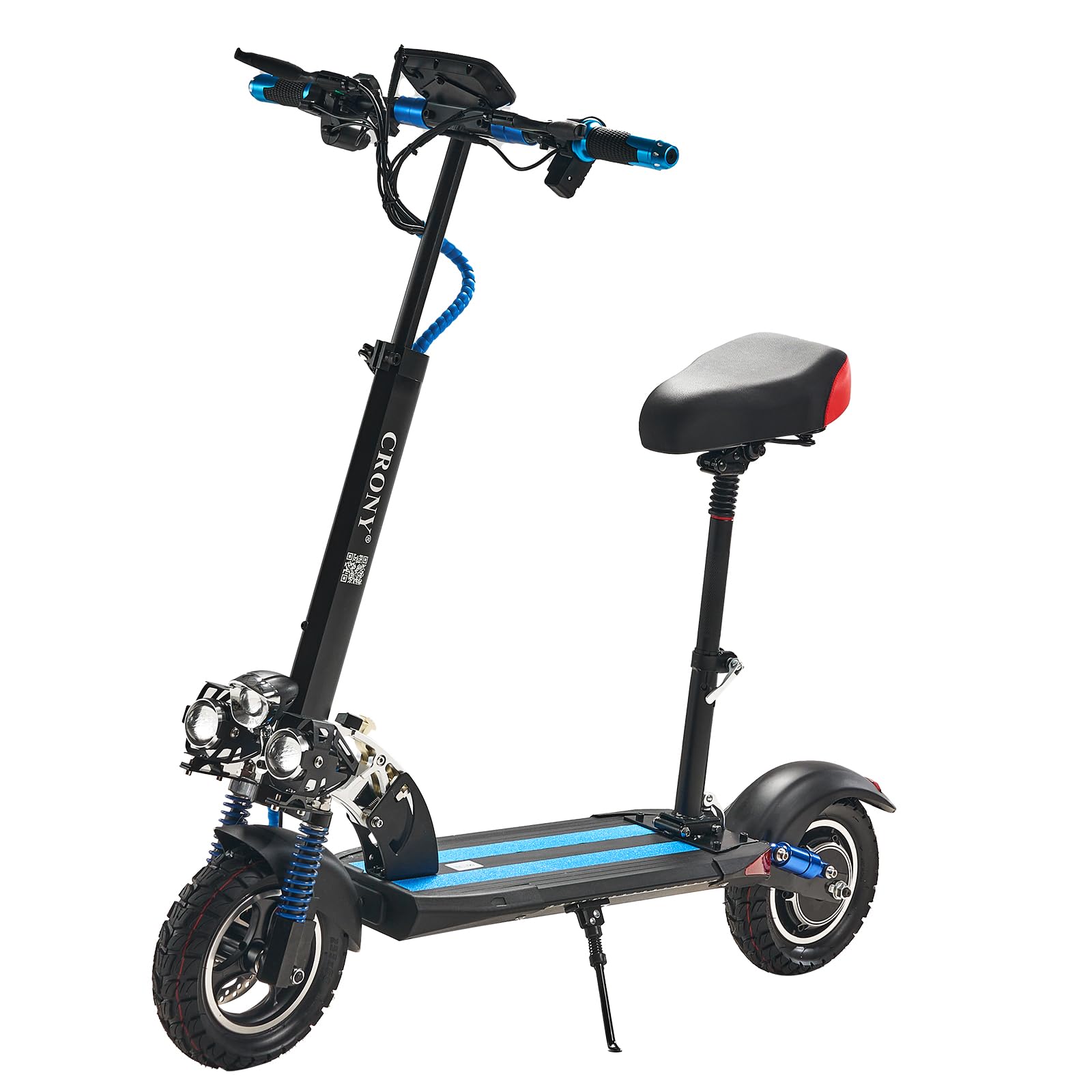 CRONY V10 Big LCD Display Electric Scooter with Seat, 1200W Motor, 40-55KM/H Speed, 120KG Max Load, Front/Rear Shock Absorber and Brake System, LED Base Light, Turn Signal, Triple LED Lights, Blue