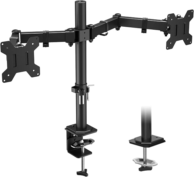 BONTEC Dual Monitor Arm pour 13-32 pouces LCD LED PC Écrans réglables en hauteur 360° Rotation, 90° Tilt et Swivel, 22 lb par bras, pince de bureau ou support Grommet, gestion de câble, noir