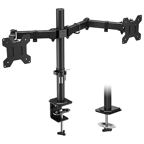 BONTEC Dual Monitor Desk Mount, Full Motion Adjustable Monitor Stand for 13–27 Inch Screens, Heavy Duty Arms Hold Up to 22 lbs Each, VESA 75x75/100x100 mm, C Clamp and Grommet Base, Cable Management - Black