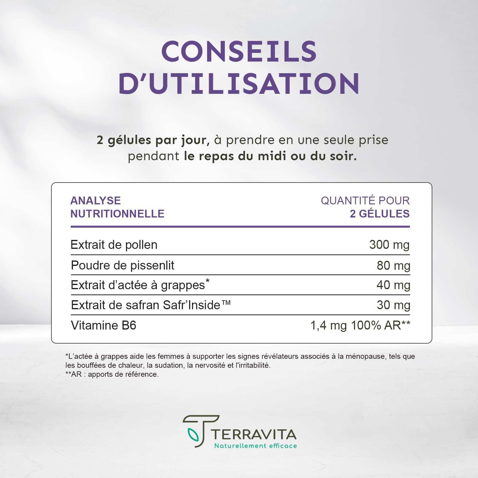 Complexe Ménopause | Sans Hormones | Avec Pollen et Safran Breveté | Bouffées de Chaleur, Fatigue, Stress et Variations d’Humeur | 60 Gélules | Made in France | Terravita