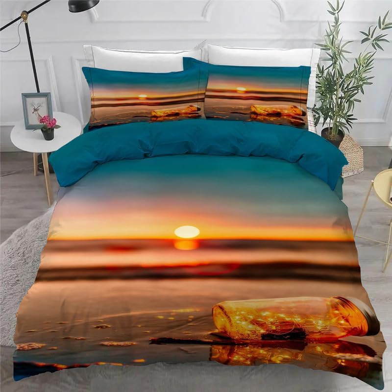 Juego de funda de edredón de playa con estampado de puesta de sol, funda de edredón de microfibra suave y 2 fundas de almohada de 20 x 26 pulgadas,