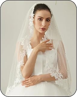 Wedding Veil Pearls Lace Flower Bridal Veil,1 Tier Cathedral Length Fingertip Length Veil Bride Veil with Metal Comb