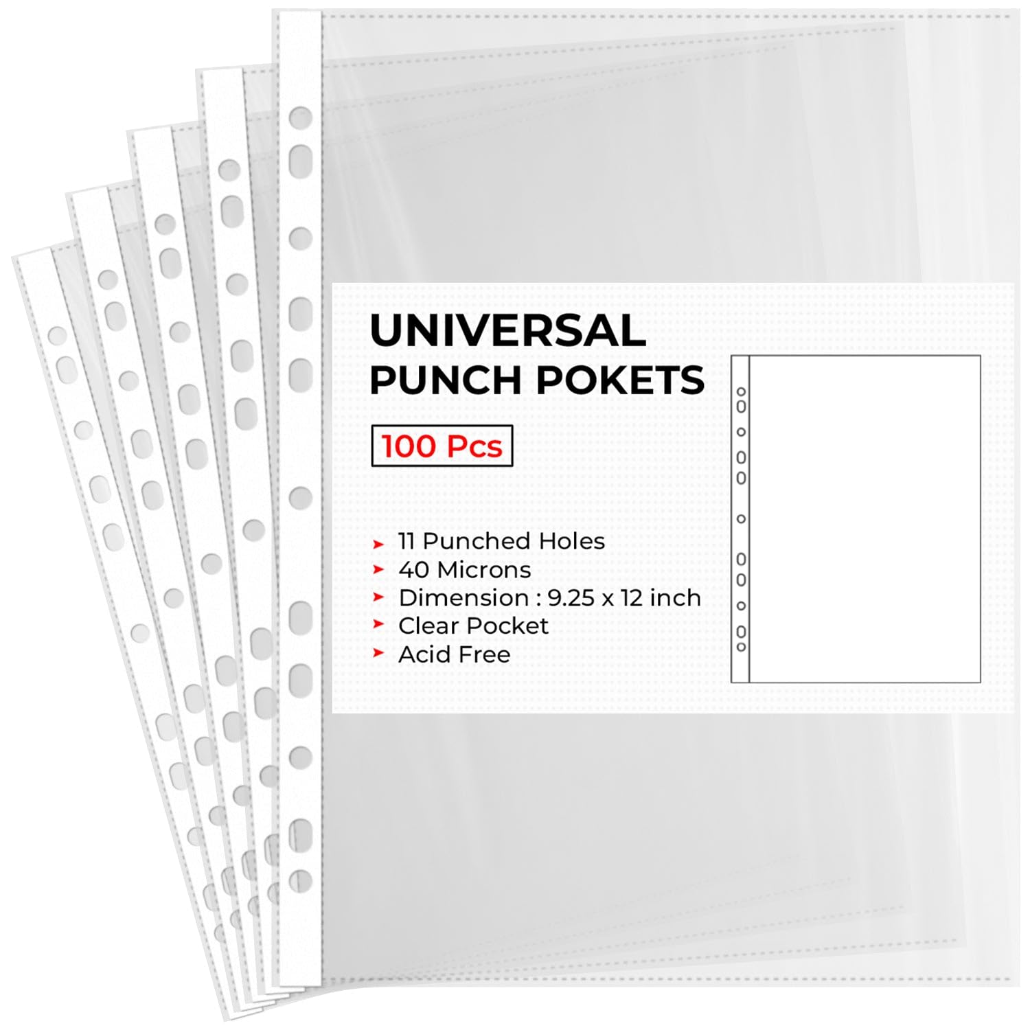 EPACKAGING A4 Plastic Value Punched Punch Pockets, 11 Hole Heavy Duty File Binder Pockets, 40 Micron Clear Punched Pockets for Documents Folders Filling Plastic Wallets 100 Sleeves Pack