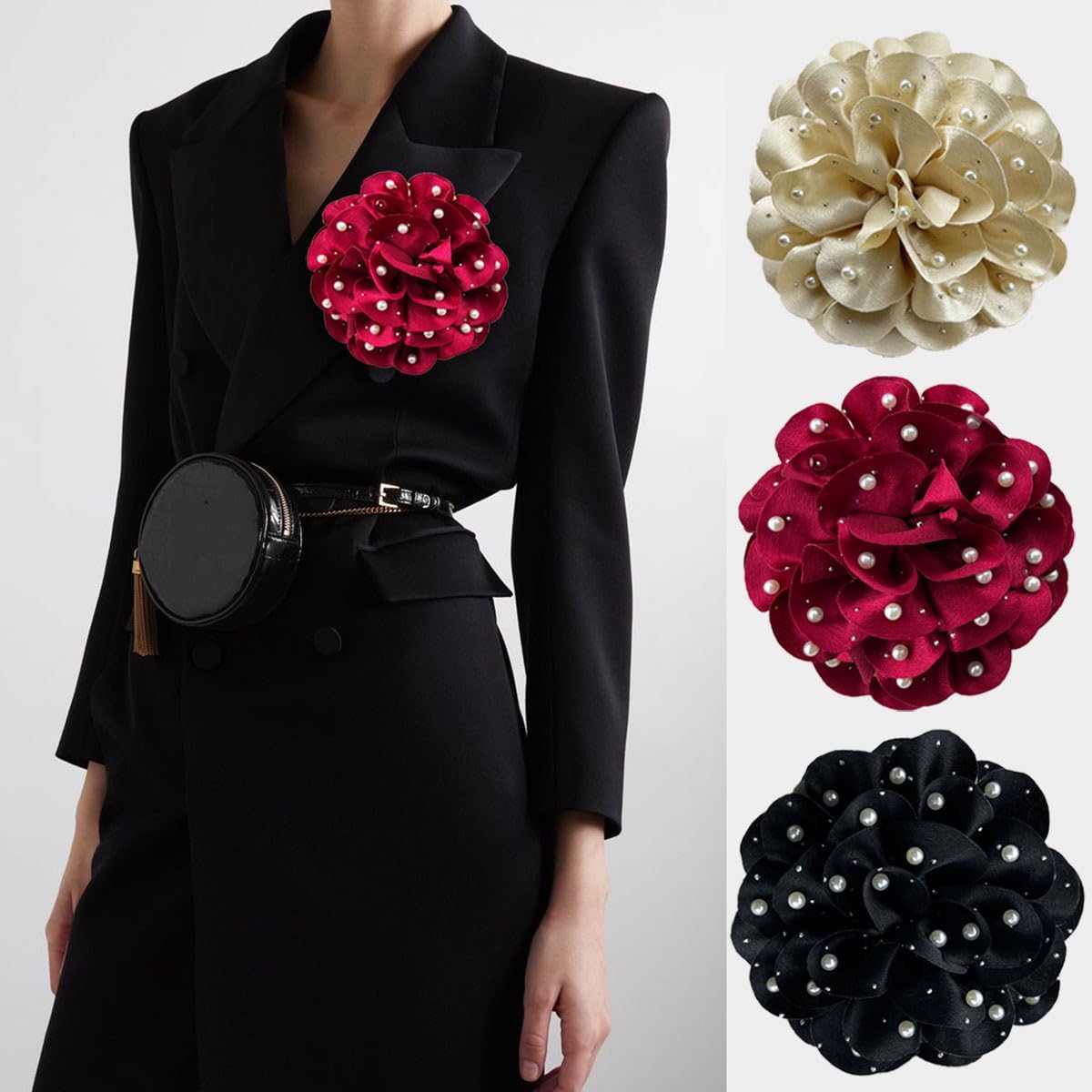 FUTIMELY Dainty Satin Fabric Rose Flower Large Brooch Pin Handmade Big Camellia Brooch Lapel Pins Wedding Party Dance Banquet Dress Suit Ceremony Clothes Accessories Jewelry Gifts for Women (Black1) - Image 2