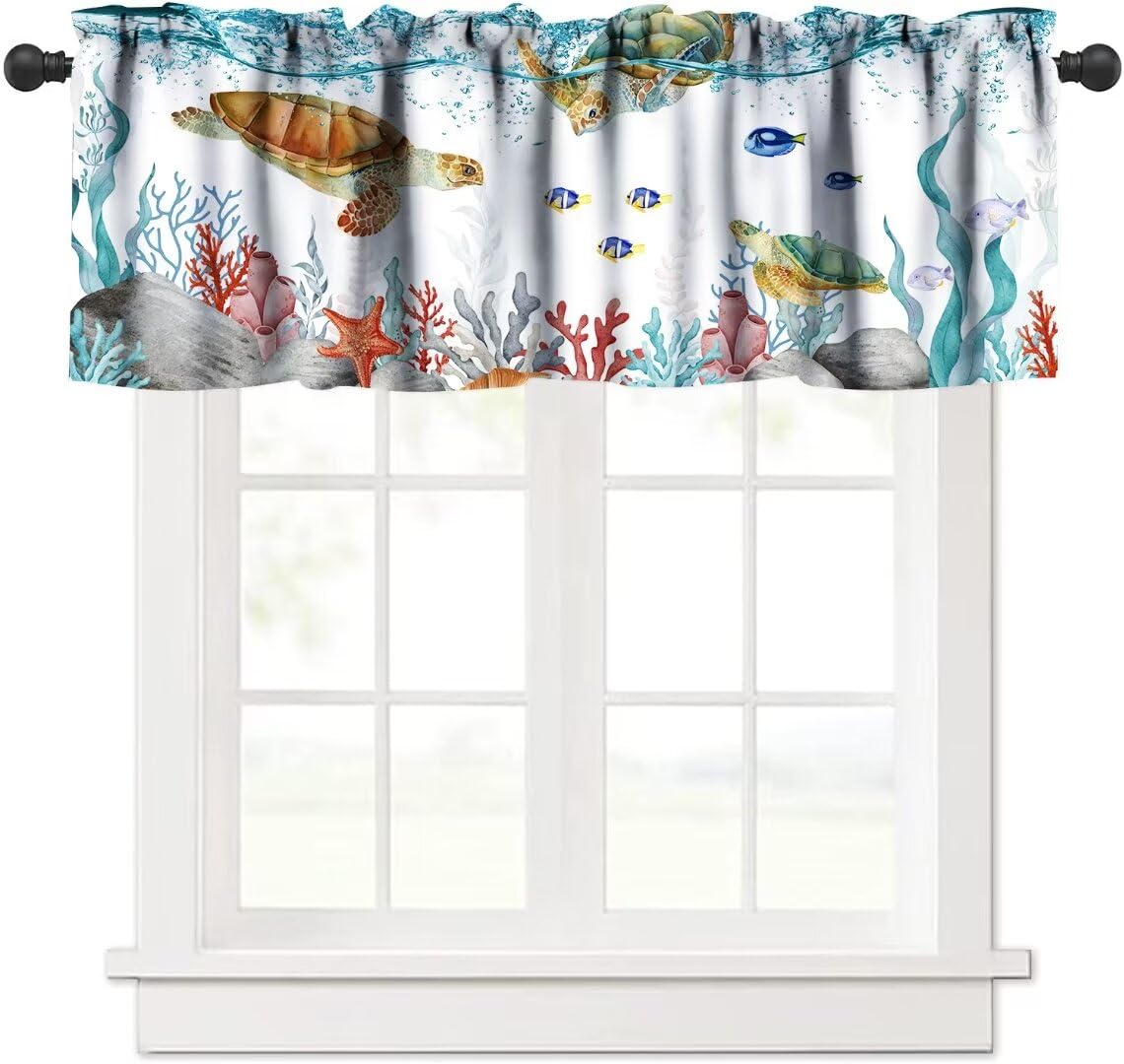 JanJCurt Sea Turtle Window Valance, Teal Blue Ocean Underwater Animal Starfish Fish Nautical Coastal Rod Pocket Short Curtain Valance for Living Room Bathroom Kitchen, 54x18in