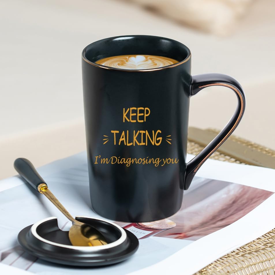 Psychology Gifts, Keep Talking I'm Diagnosing You Mug, Social Worker Gift Mental Health for Women Men, Psychologists Psychiatrists Gifts, 14 Oz Black with Gift Box Lid and Spoon - Image 3