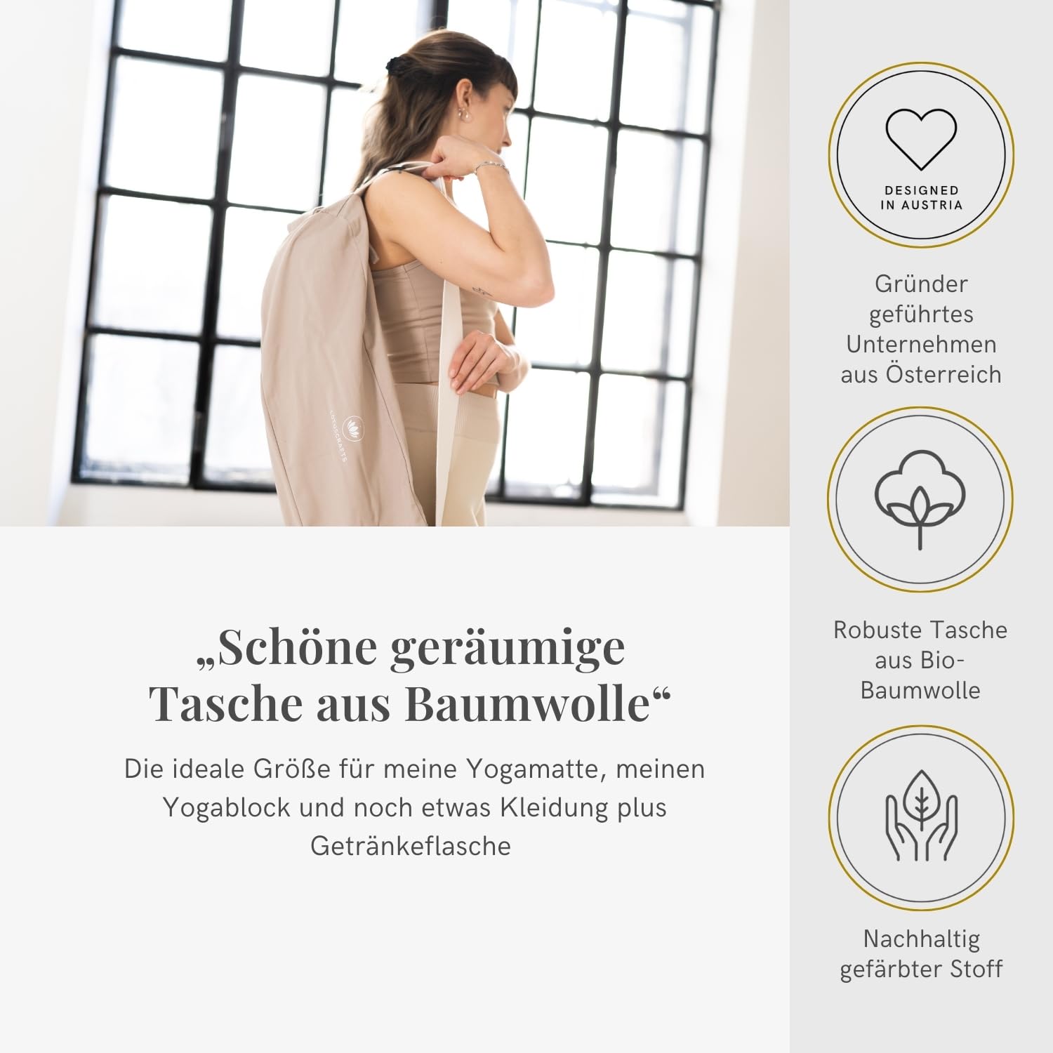 Lotuscrafts® Yogatasche PUNE aus Bio-Baumwolle, Fair & Ökologisch, Ideale Yoga Tasche für Yogamatte und Zubehör, Yogamattentasche mit Extra Fach, 72 cm x 18 x 15 cm