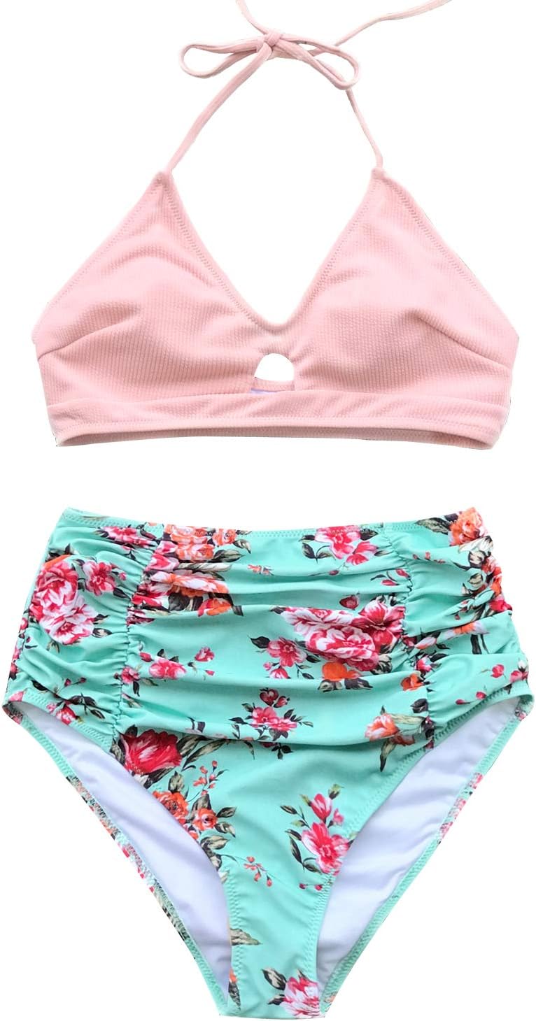 CUPSHE Women’s Bikini Swimsuit Floral Print Halter Lace Up Two Piece Bathing Suit