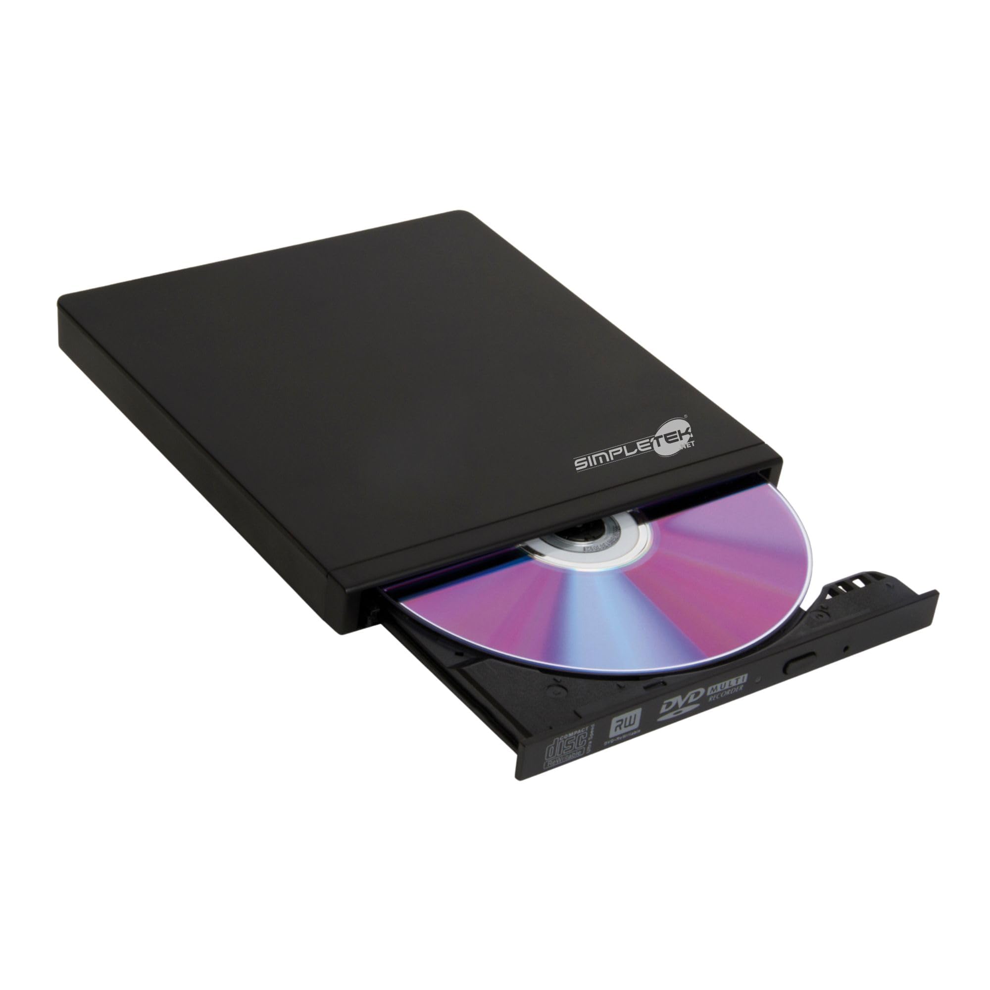 SIMPLETEK - Masterizzatore/Lettore DVD CD Esterno USB 2.0 - Portatile e Autoalimentato (XDVDSLIMK) | Cavi alimentazione e dati USB inclusi