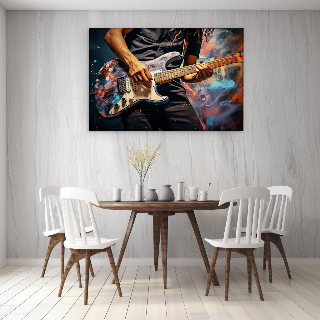 Canvas for Living Room. Hands in Harmony: Electric Riffs Against a Canvas of Colors, 27 x 18 inch Canvas Wall Art - Contemporary Masterpieces - Modern Home Decor