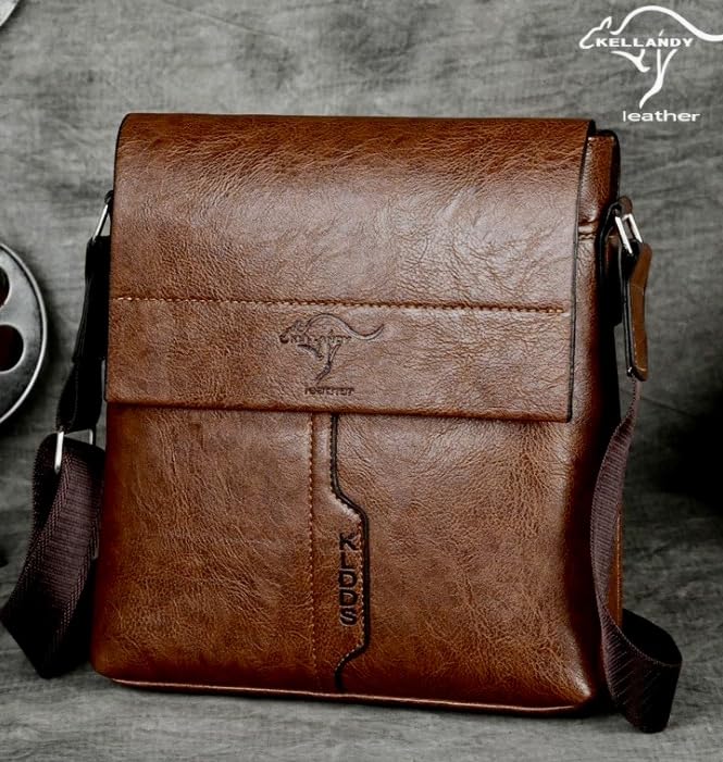 Image of KELLANDY Men's Leather Messenger Bag, Brown Crossbody Shoulder Bag with Adjustable Strap, Business Travel Satchel