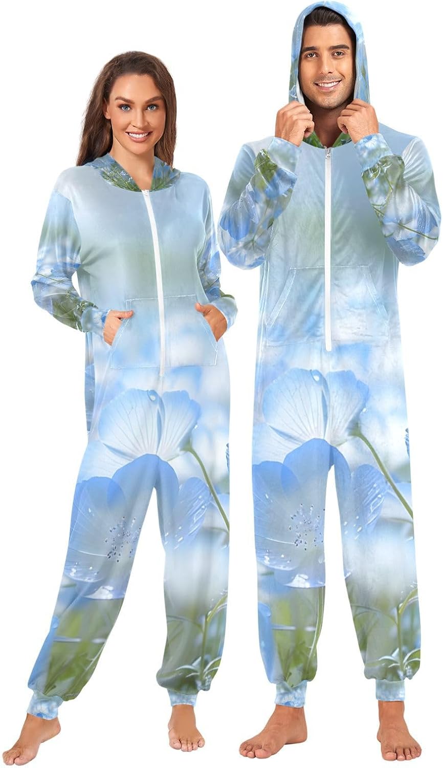 Nemophila Blue Flowers Unisex Adult Onesie Pajamas Comfy One Piece Costume Jumpsuits Novelty Sleepwear Homewear for Men Women