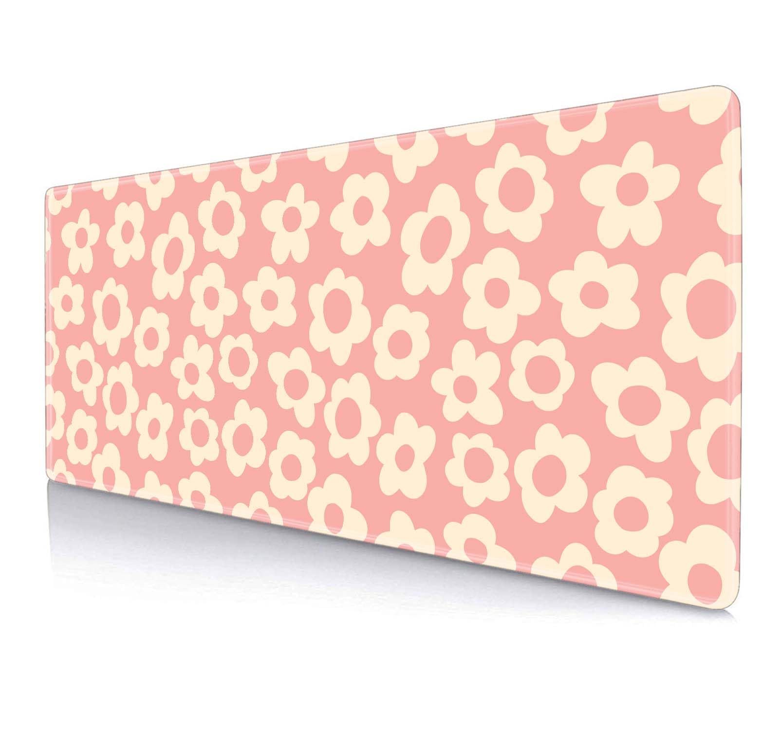 HUOCAIREN Pink Desk Mat, Groovy Beige Flowers Gaming Mousepad, Cute Deskmat Mat, Aesthetic XL Large Keyboard Extended Mouse Pad for Office, Computer, Home, 31.5 X 11.8 Inch