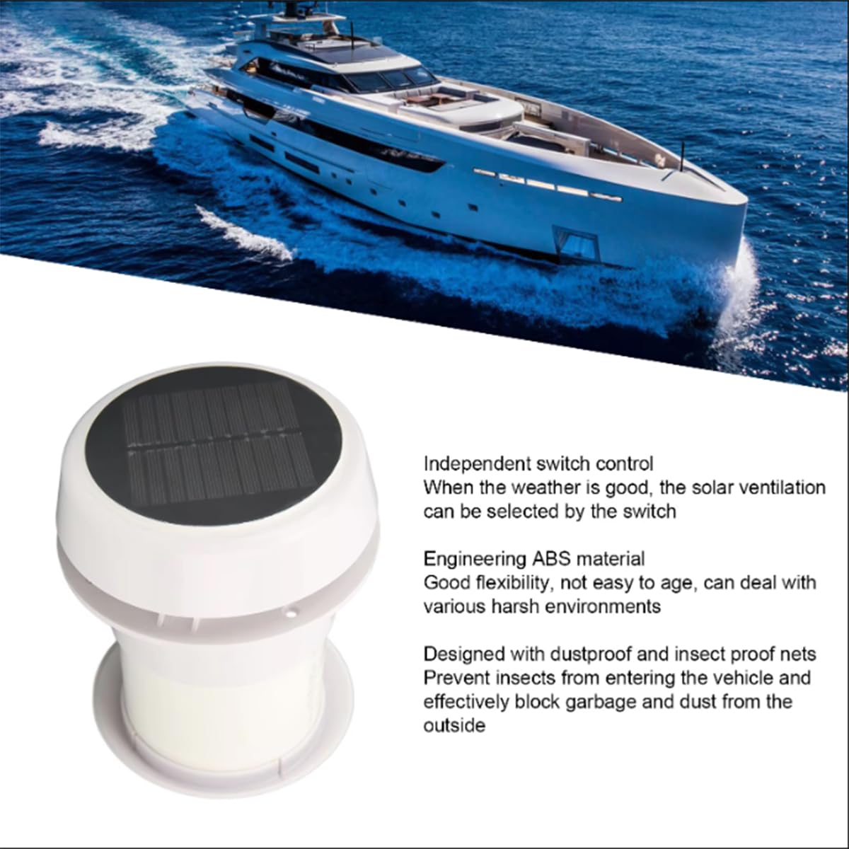 Solor-Lüftungsventilator für Wohnmobil, 12 V, geräuschlos, solarbetrieben, 1800 U/min, Wohnmobil-Dachabluftventilator, Belüftung für T4, T5, T6, Camper, Wohnwagen, Wohnmobile, Boote, Yachten