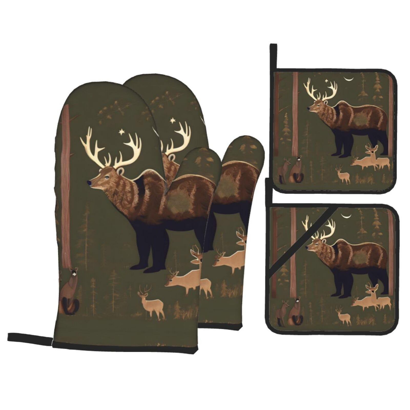 Lodge Bear Deer Print Oven Mitts,Pot Holders, Heat Resistant Oven Mitts Gloves,Hot Pads for Kitchen Cooking Grill