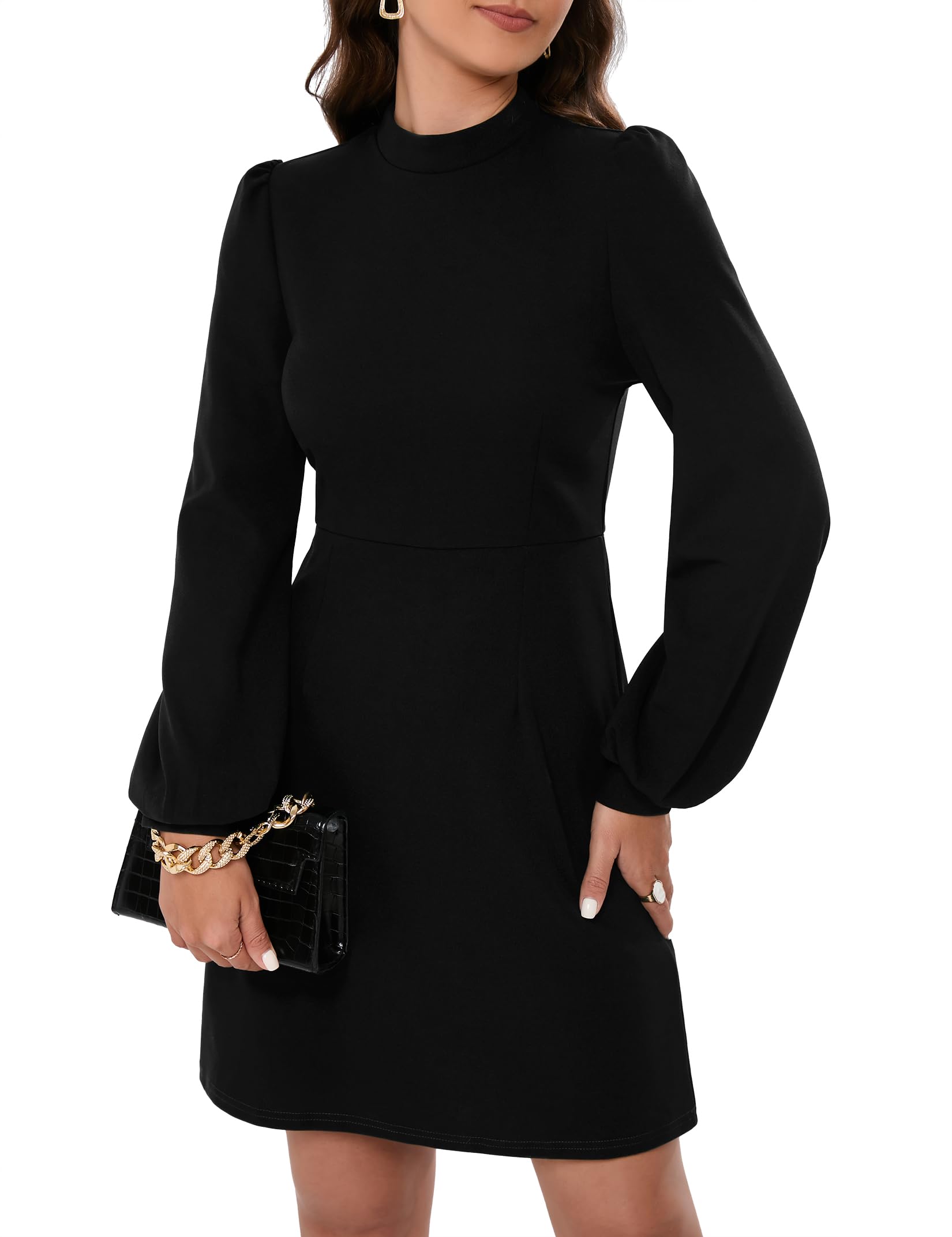 KOJOOIN Kleid Damen Bleistiftkleid Elegent Businesskleid Langarm Einfabrig Knielang A-Linie Hohe Taille Wickelkleid(Verpackung MEHRWEG)
