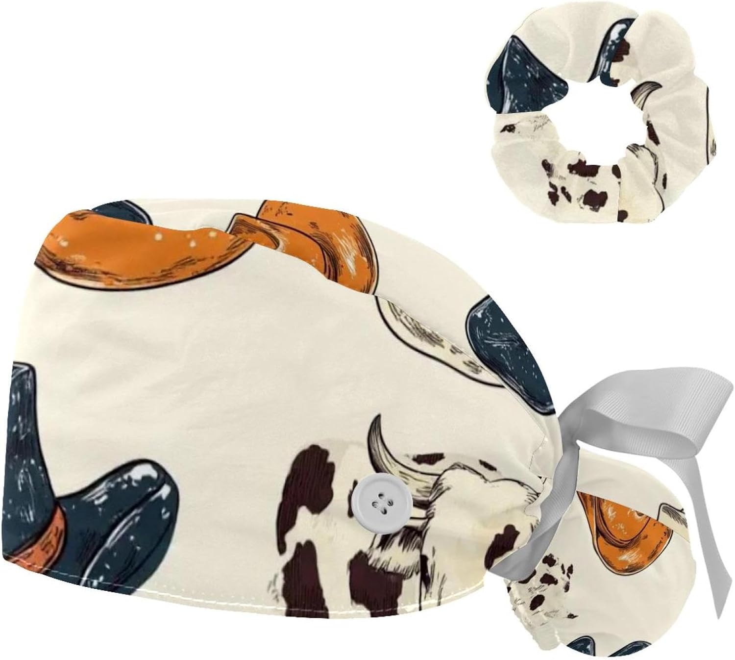 Cowboy Hat Cactuses Western Scrub Cap Working Hat Hair Cover Scrunchy, Elastic Bandage Tie Back Hats for Women