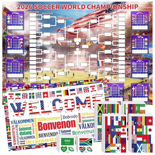 2026 World Soccer Cup Schedule Poster 4-Piece Set 63 x 44 Inch Extra Large Premium Polyester Match Tracker Waterproof Wrinkle-Resistant Chart with Flag Banner 384 Flag Stickers & 96 Water Tattoos