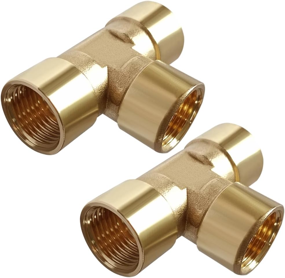 Uenede 2PCS Brass Tee Pipe Fitting 1/2" NPT Female x 1/2" NPT Female x 1/2" NPT Male for Water/Oil/Gas