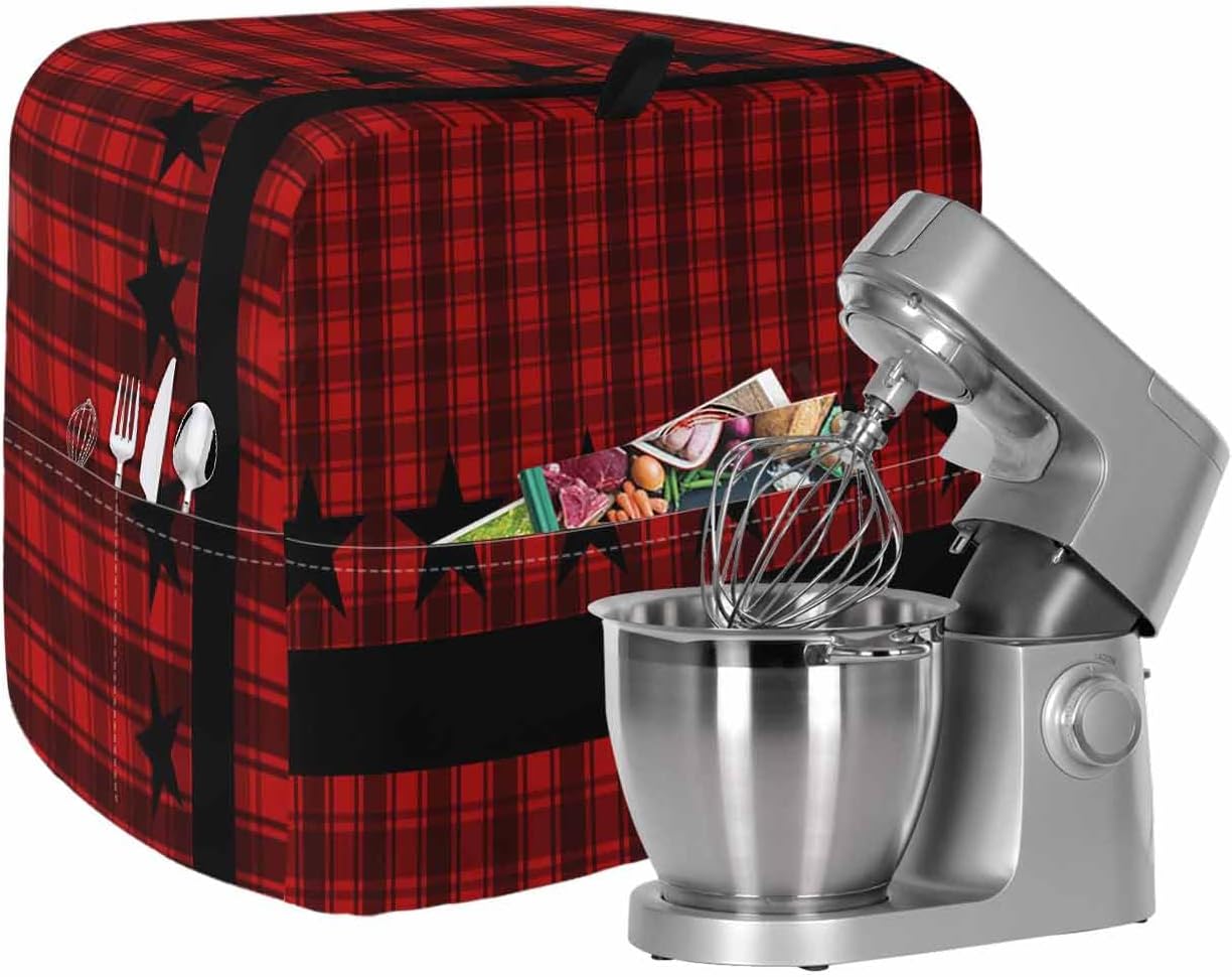 Sage Green Black Plaid Stand Mixer Cover with Storage Pocket, Waterproof Kitchen Mixer Covers, Vintage Star Buffalo Check Rustic Kitchen Appliance Dust Cover Compatible with 4/4.5 Quart Mixers
