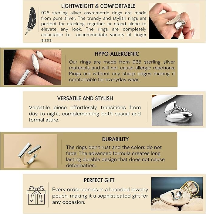 QueenBee Silver Plated Adjustable Geometric Statement | Minimalist Asymmetric Open Cocktail Jewelry | Trendy Bold Design for Stacking | Hypoallergenic Smooth Punk-Inspired Accessory - Image 6